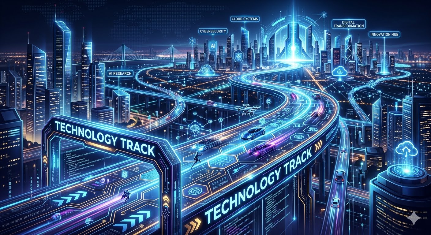 This image shows a futuristic city at night. It looks like a world made of computers and glowing blue lights.Here is what you would see if you looked at it:The Main RoadGlowing Highway: A large, winding road flows through the center of the image. It looks like a digital highway or a racetrack.Futuristic Cars: Sleek, glowing cars drive along the road.Large Text: The words "TECHNOLOGY TRACK" are written in bright, bold white letters right on the surface of the road.The City SkylineSkyscrapers: High-tech buildings and towers rise up in the background. They are covered in glowing blue lines and windows.Digital Labels: Glowing signs float above the buildings. They display words like "CYBERSECURITY," "CLOUD SYSTEMS," and "DIGITAL TRANSFORMATION."